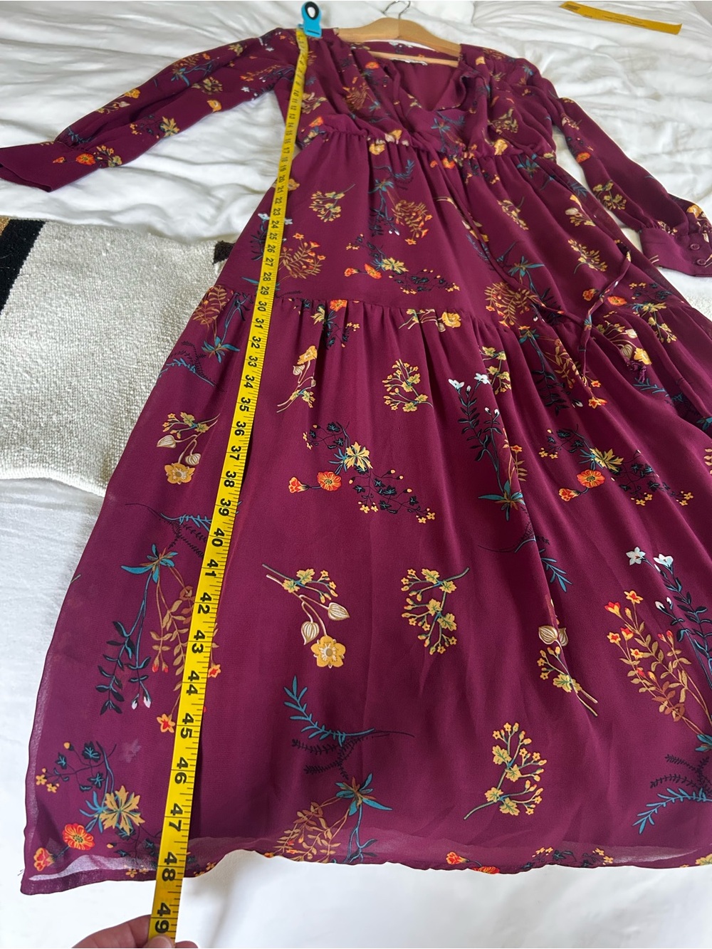 wayf burgundy floral long sleeve midi dress size small - Picture 7 of 13